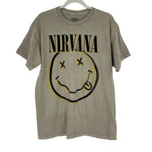 Officially Licensed Nirvana Nevermind Smiley Grunge Tee Beige Acid Wash Large
